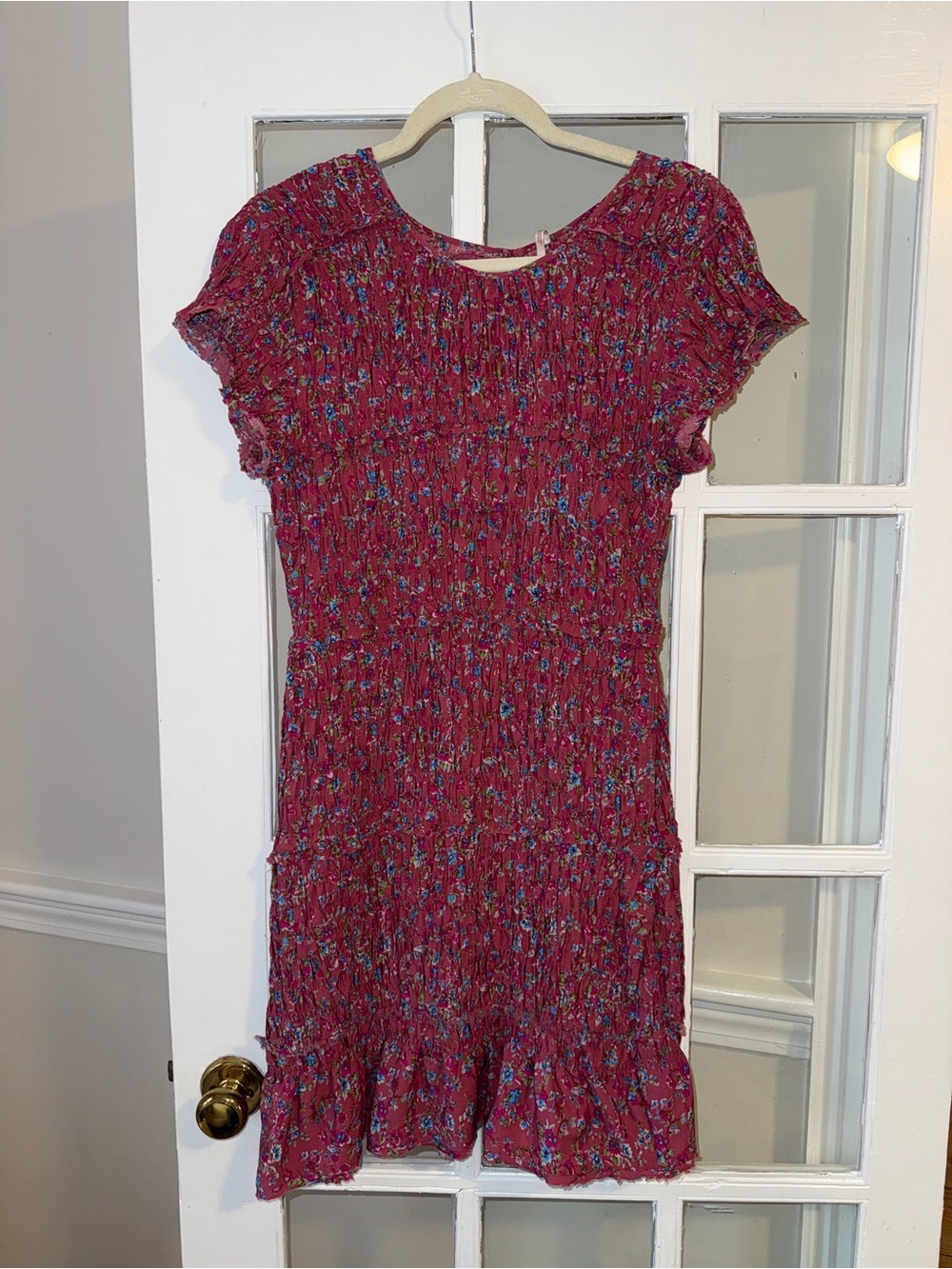 Free People Smocked Floral Short-Sleeve Ruffle Hem Dress - Raspberry Floral